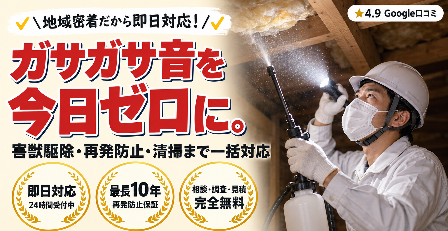 天井のガサガサ音を今日ゼロに。害獣駆除・再発防止・清掃まで一括対応。24時間365日 緊急対応。口コミ4.9 施工3万件 10年保証